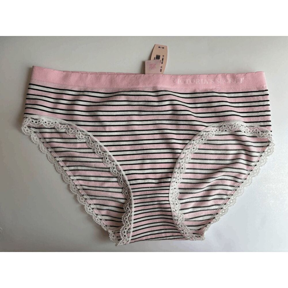 Victorias Secret Vintage Hiphugger Panty Seamless Lace Pink Black Striped Size M